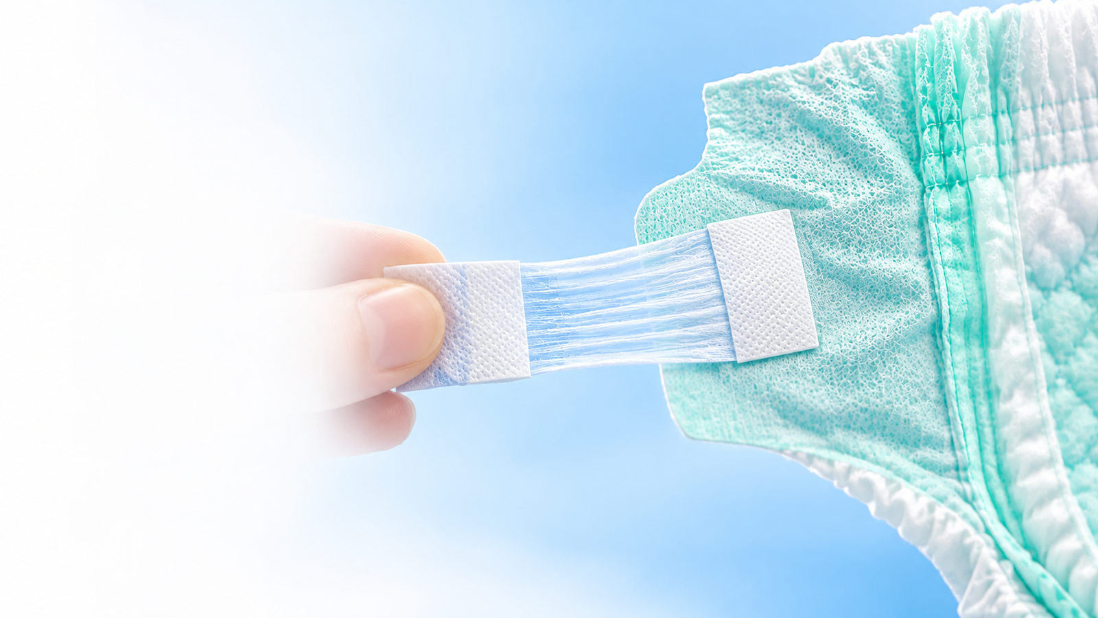 Close-up of the stretchable elastic side fastening tape on an HB Hammiko baby diaper